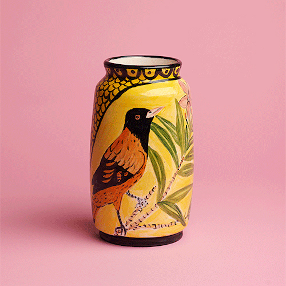 "Bird Vase," 2019. Porcelain, underglaze, glaze , 9.5 x 5 inches.